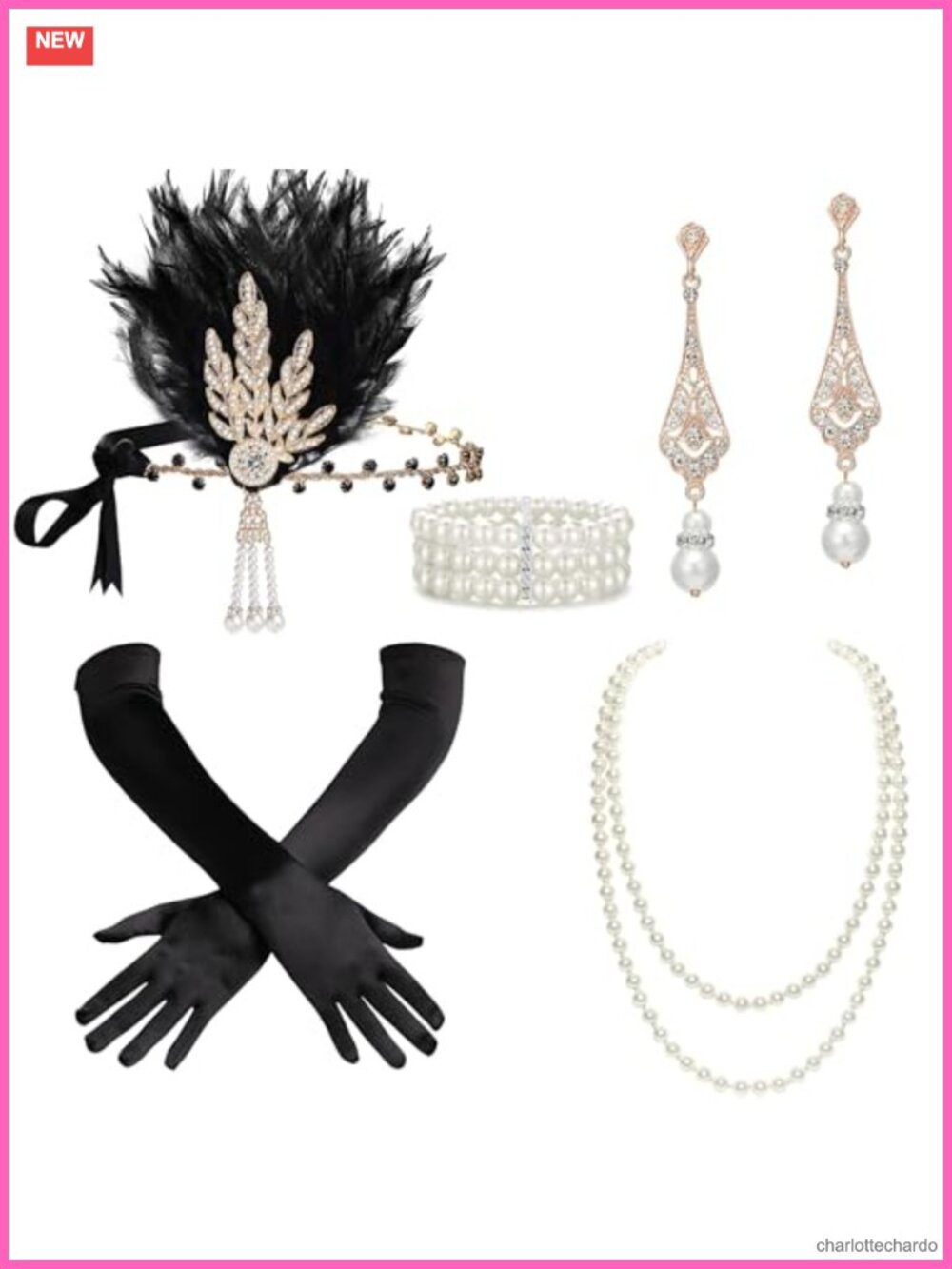 1920s Flapper Accessory Set Gatsby Headband Pearl Necklace Gloves Earrings